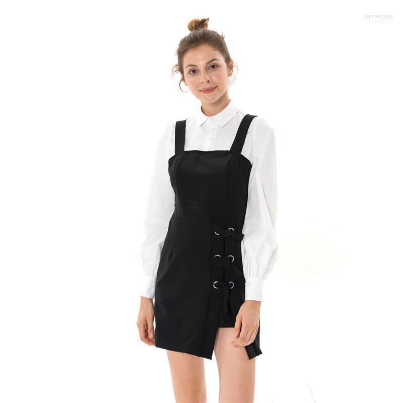 

Casual Dresses Design 2022 Slim Fake Two Pieces Dress Women Black White Shirt Sleeve Back Zipper Mini Autumn Workwear Overall