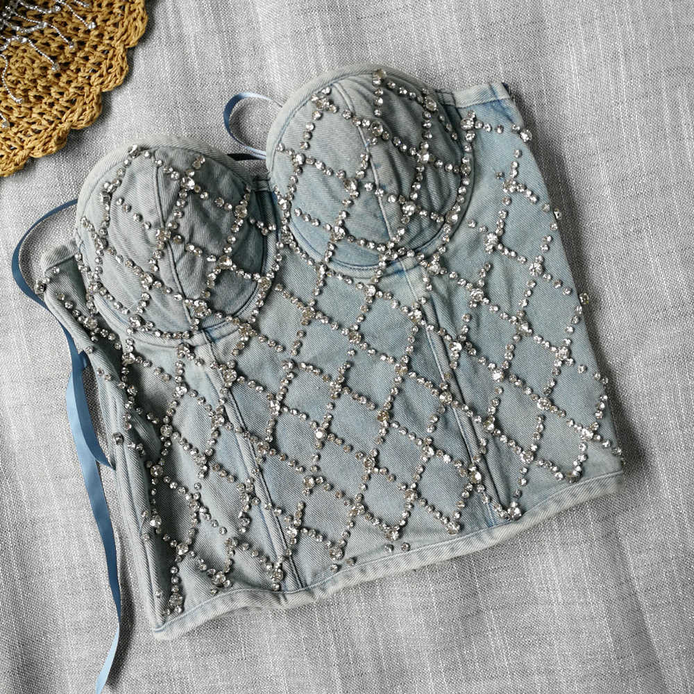 

Body shaping cowboy strapless waist closing fishbone jacket nail bead shiny fried Street Spice Girl bandage zipper cardigan, Denim blue