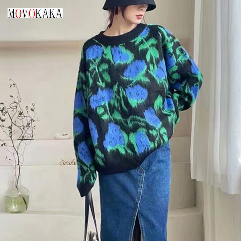 

Women s Sweaters MOVOKAKA Mohair Knitted Pullover Women Vintage Floral Long Sleeve Tops Jumper Autumn Winter Sweater Soft Warm Pull Coat 221206, Green