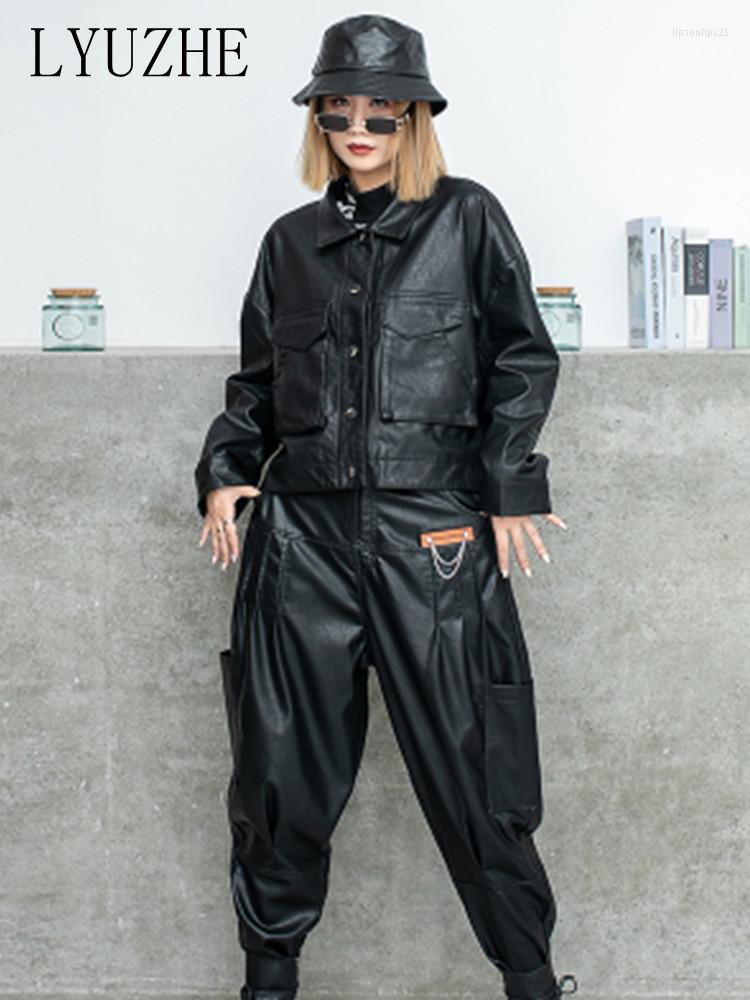 

Women's Two Piece Pants LYUZHE Trendy Cool Personality Long Sleeve PU Leather Coat Harun Two-piece Women Spring 2023 Loose Fashion Suit, Black
