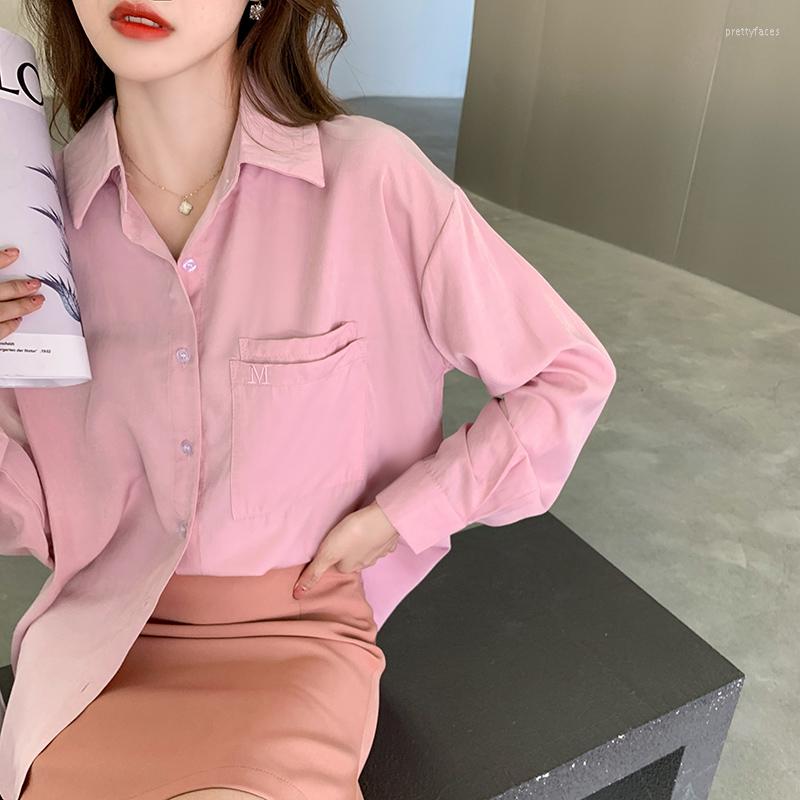 

Women' Blouses Spring Summer M Embroidery Women Shirt Double Pockets Salt Loose Top Thin Solid White Long-sleeved Womens Tops