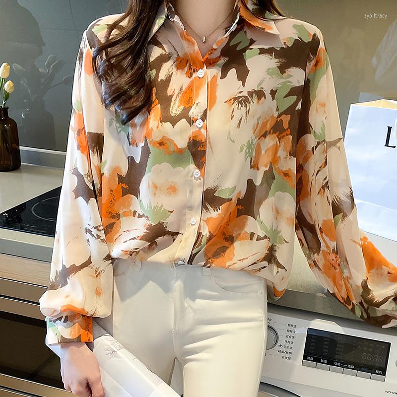 

Women' Blouses Chiffon Shirt For Women Summer 2022 In Floral Print Long Sleeve Fashion Loose Korean Top Tum-down Collar Casual, Image color