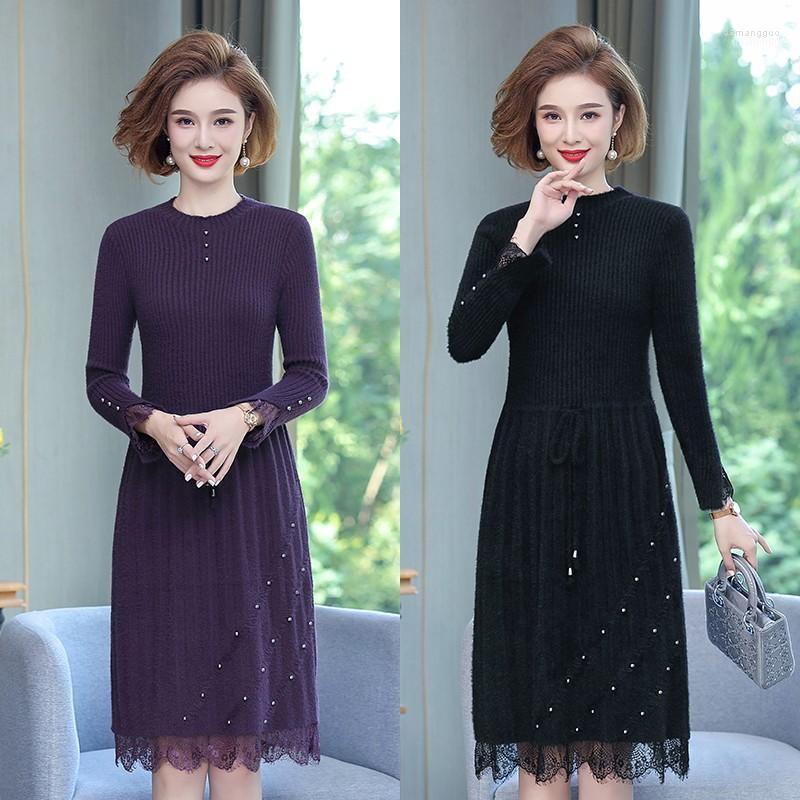 

Casual Dresses Chic Women Long Knit Maxi Sweater Dress Autumn Winter Knitted A Line Imitation Mink Christmas Pullover Party, Black