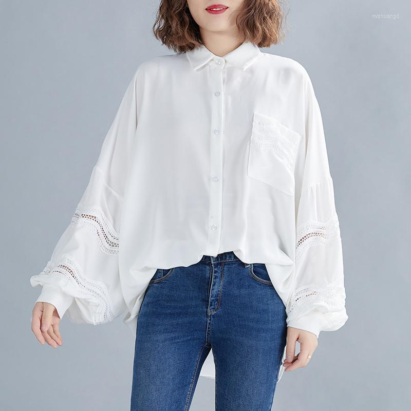 

Women's Blouses Spring Autumn Women Shirts Hollow Lace Long Sleeve Cardigan Coat Stitching Loose Lantern Casual Solid Color Tops, Black