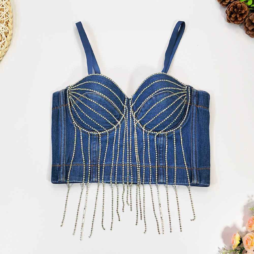 

Customized denim wrap breast nail bead bright diamond tassel sling underwear with steel ring shaped corset bra, Denim blue
