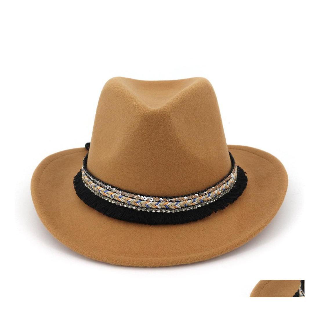 

Wide Brim Hats Bucket Hats Unisex Men Women Wool Felt Trilby Jazz Fedora Hats Ethnic Tassel Ribbon Decor Man Female Lovers Roll Br Dhhz9