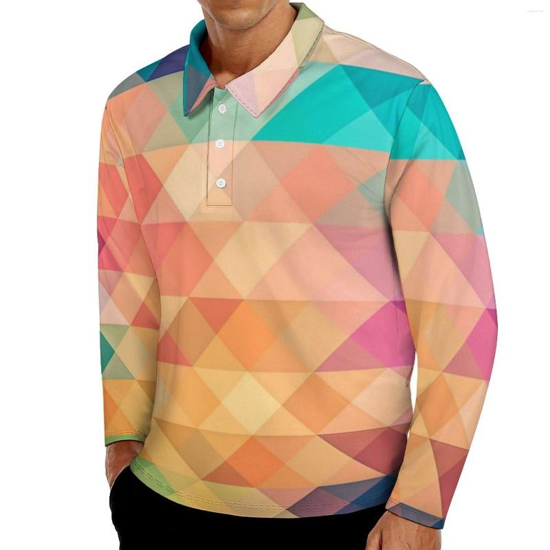 

Men' Polos Pastel Geometry Casual Polo Shirts Shapes Print T-Shirts Long Sleeve Pattern Shirt Street Style Oversized Clothing Gift, Style-1