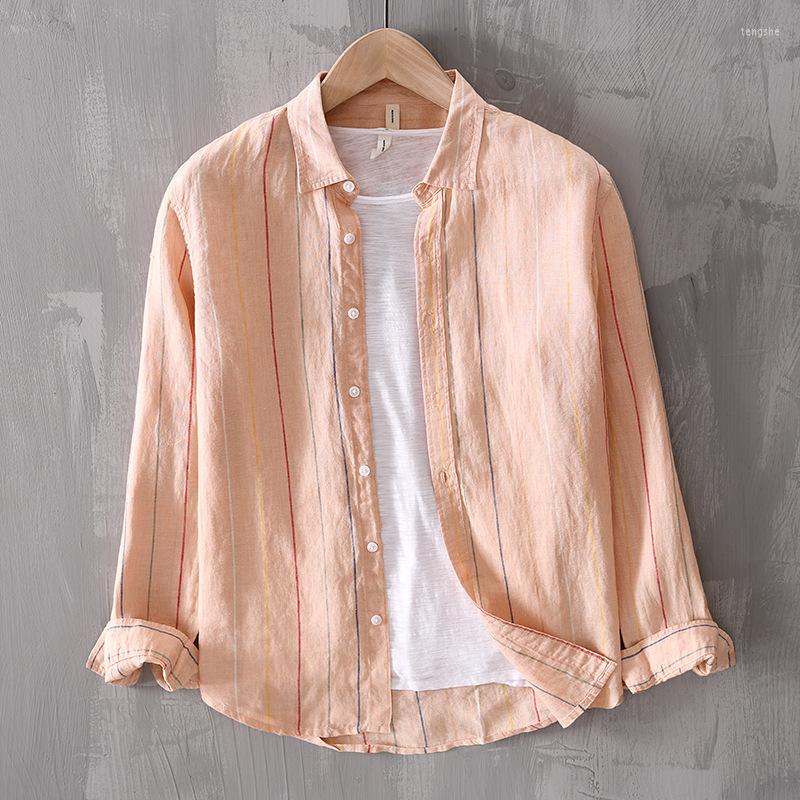 

Men's Casual Shirts Camisas Para Hombre 2022 Men's Pure Linen Stripe Long Sleeve Shirt Thin Breathable, Orange
