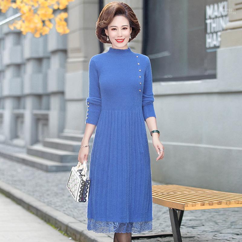

Casual Dresses Knit Midi Dress Women Autumn Long Sleeve Knitting Imitation Mink Female Turtleneck Lace Party Clothes, Black