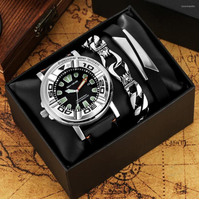 

Wristwatches Luminous Water Resistant Men's Watch Gift Set Cowhide Quartz Date Wristwatch With 2 Bracelets Practical Gifts Box For, No box 2
