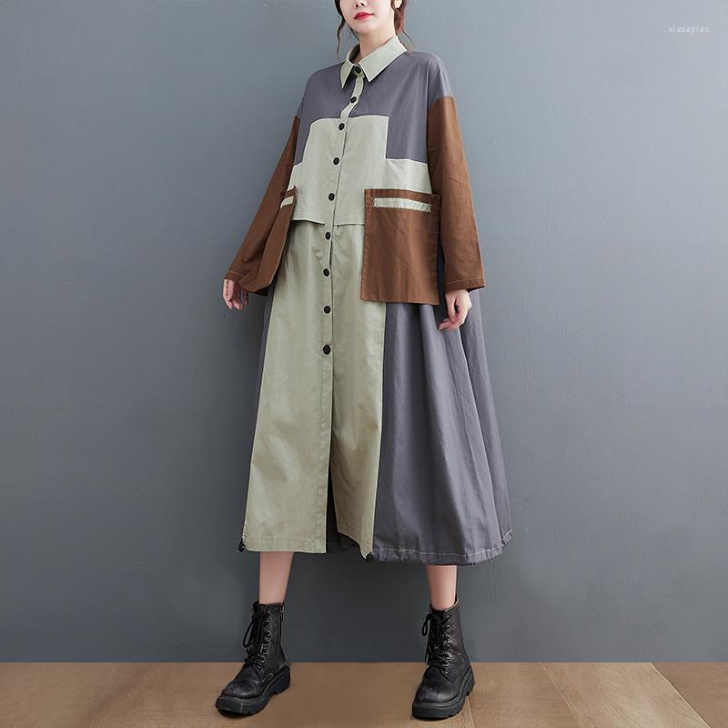 

Casual Dresses Long Sleeve Pocket Decorated Autumn Woman Gray Brown Patchwork Shirt Dress Loose Fit Big Size Unique Robe Style, Jjxd244 green