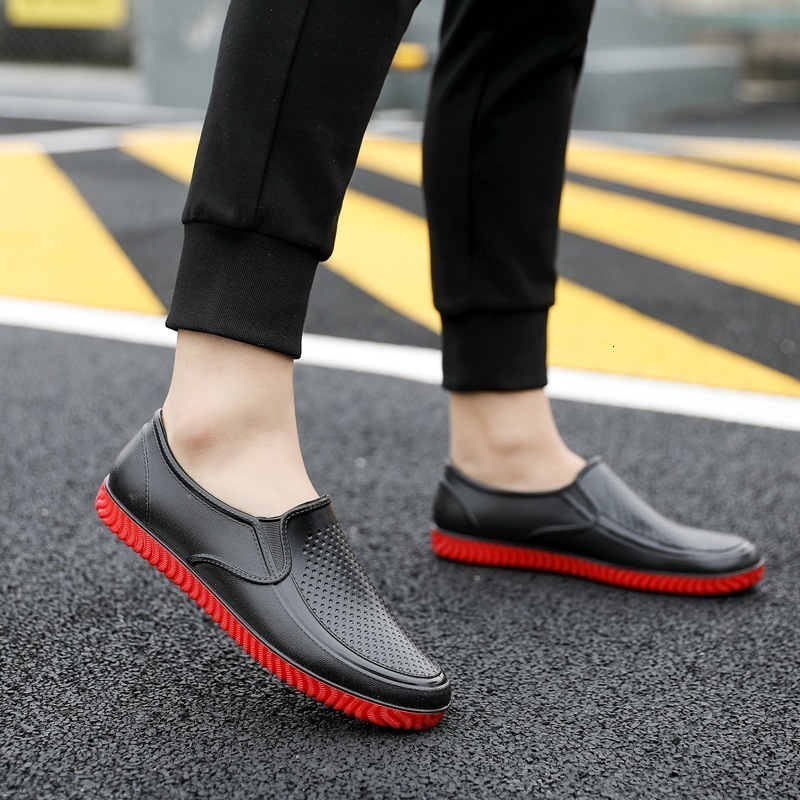 

Dress Shoes Rain Men Casual Non slip Kitchen Takeaway Waterproof Flat Fishing Sport Rubber Zapatillas Hombre 221207, Black red