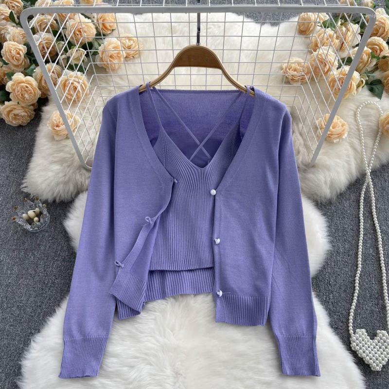 

Women's Jackets Knitting Women Two Piece Set 2022 Fashion Long Sleeve V-neck Single Breasted Top Casual Solid Color Spaghetti Strap Tank
