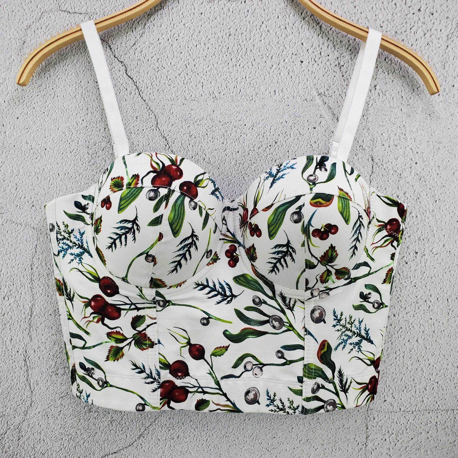 

new printed cotton small suspender vest spring and summer French leaves versatile short Western slim women's top, White