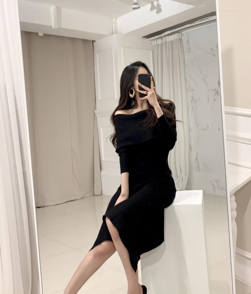 

Casual Dresses Women Spring Fall Slim Fit Chic Irregular Knitted Solid Warmth Dress Autumn Ladies Fashion Tide Office Daily Elegant, Black