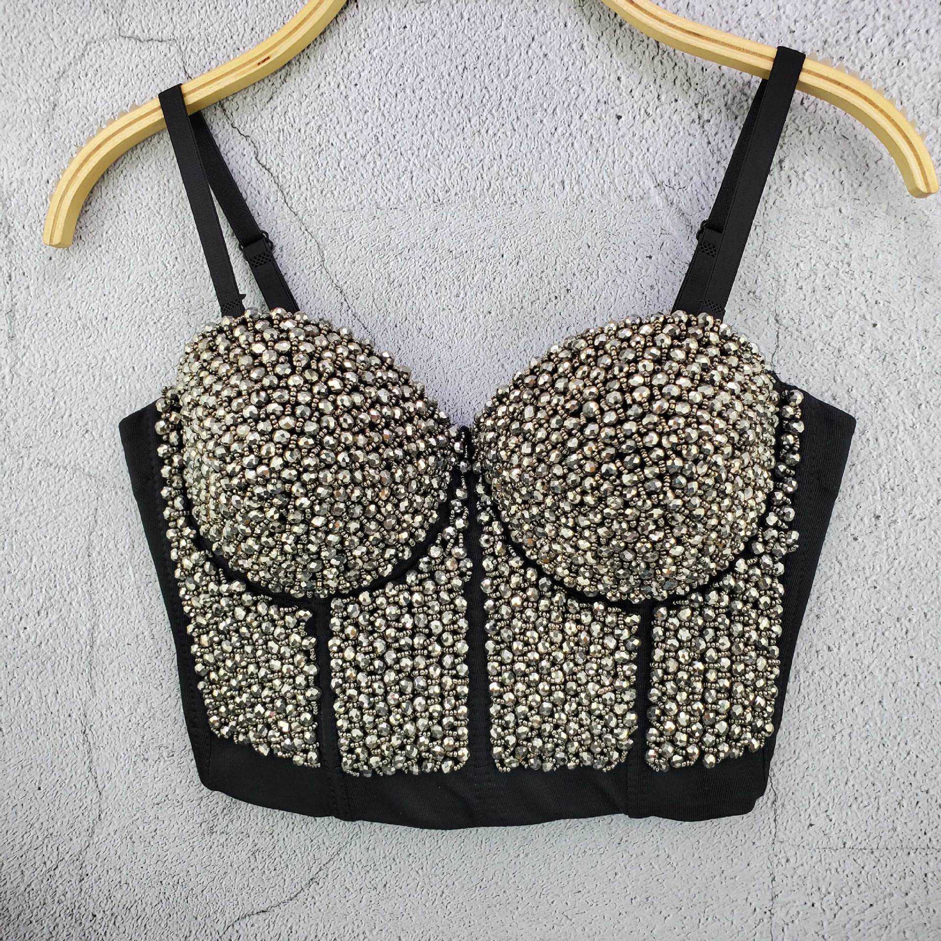 

Rivet bra new sexy bra short nail bead exposed navel top suspender vest bra, White