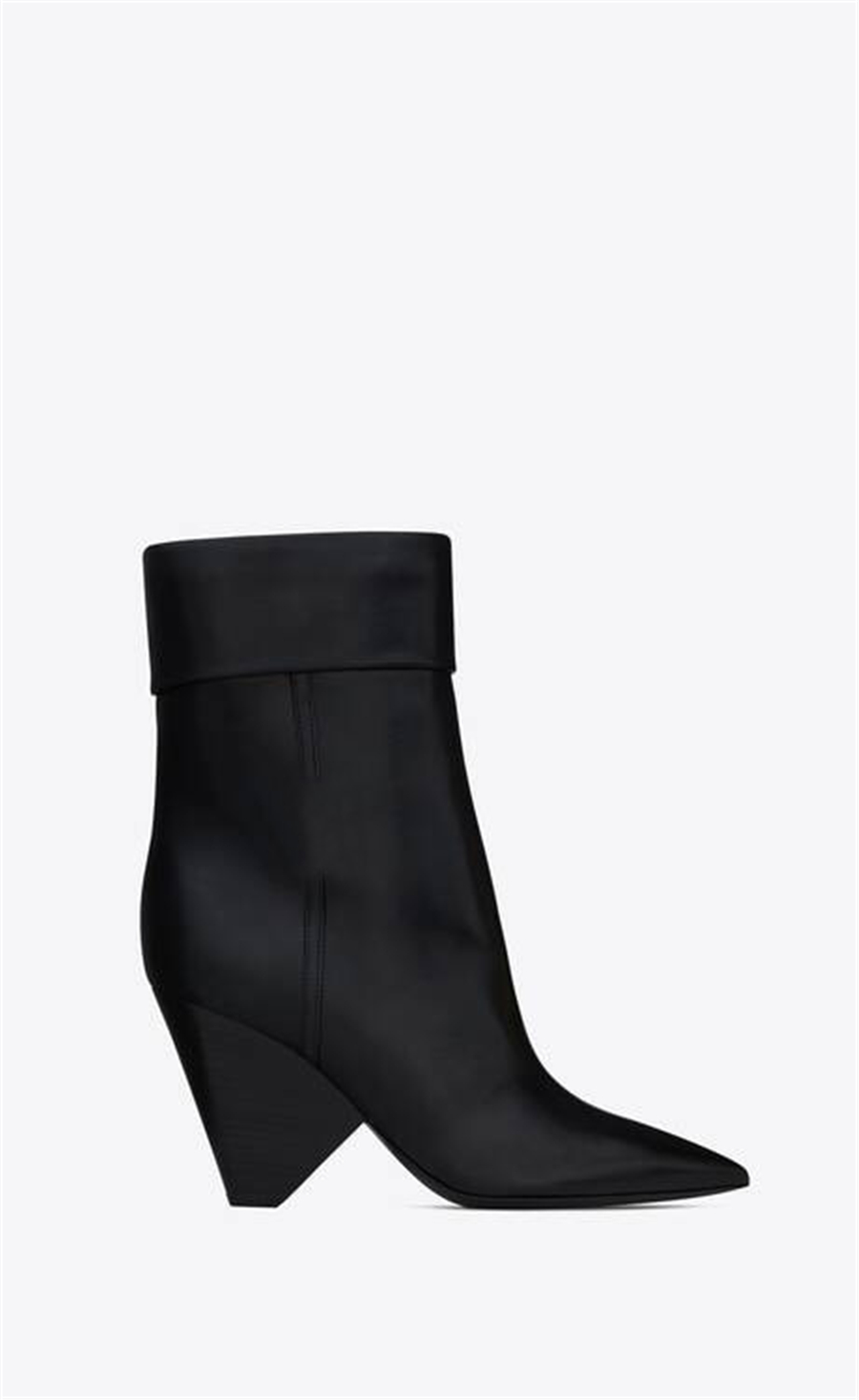 

Paris Niki Booties Black Smooth Leather Boots Pointed Toe Stacked Cone Heel Metal Logo Folded Shaft Shoes