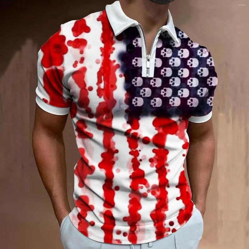 

Men' Polos Men Polo Shirts Casual Summer American Flag Print Short Sleeve Turn Down Collar Zipper Design Lapel Pullovers Slim
