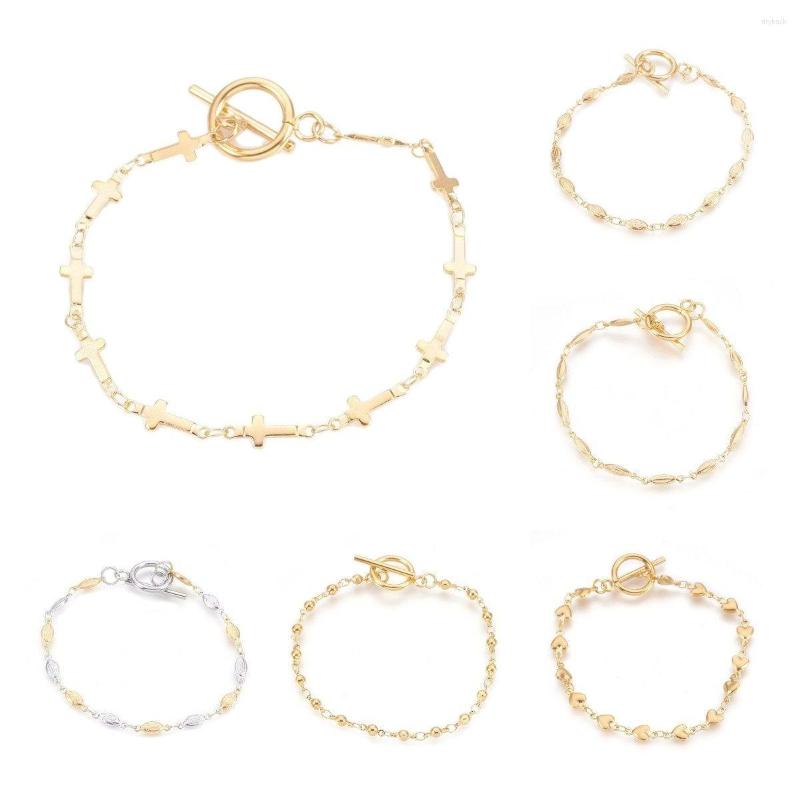 

Link Bracelets 2pcs Fashion Gold Color Chain For Women Stainless Steel Cross Heart Beads Jewelry Gift