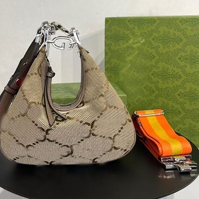 

Attache large shoulder bag Beige blue canvas crescent moon G shaped hook closure ebony Blue red Web trim additional leather strap Designer Luxury crosbody Bags