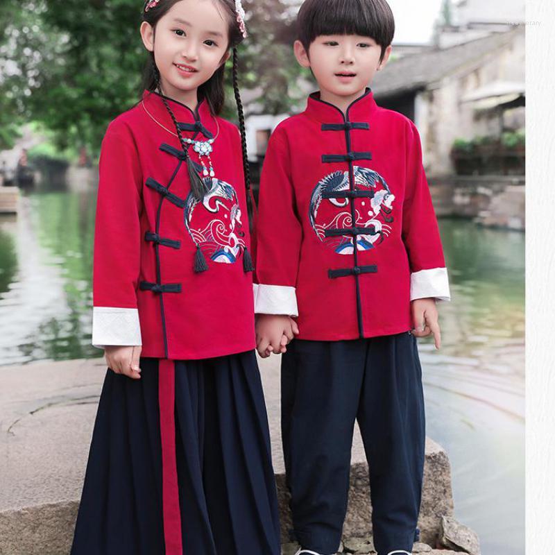 

Ethnic Clothing Embroidery Children Hanfu Novelty 2PCS Tang Suit Chinese Style Two Piece Long Sleeve Tops Skirts Pants Stage Show
