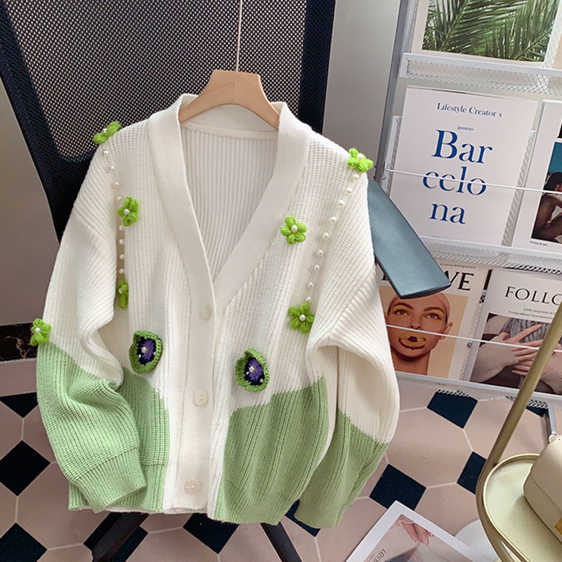 

Women  Knits Tees Sweater Women Cardigan Flower Appliques V Neck Korean Fashion Knitted Shirt Casual Sweet Female Coat 221206, Green