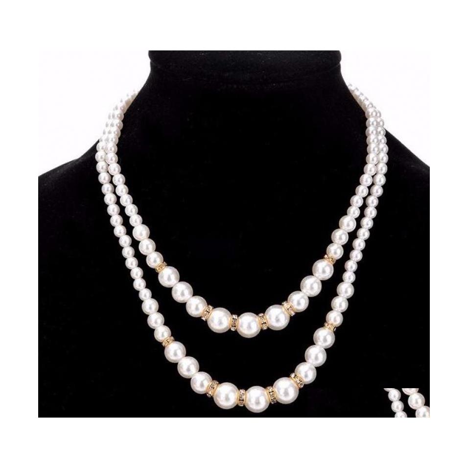 

Beaded Necklaces Fashion Double Layered Fake Faux Pearl Beads Necklaces Bride Bridesmaids Beaded Chains For Women Ladies Female Wedd Dhvt5