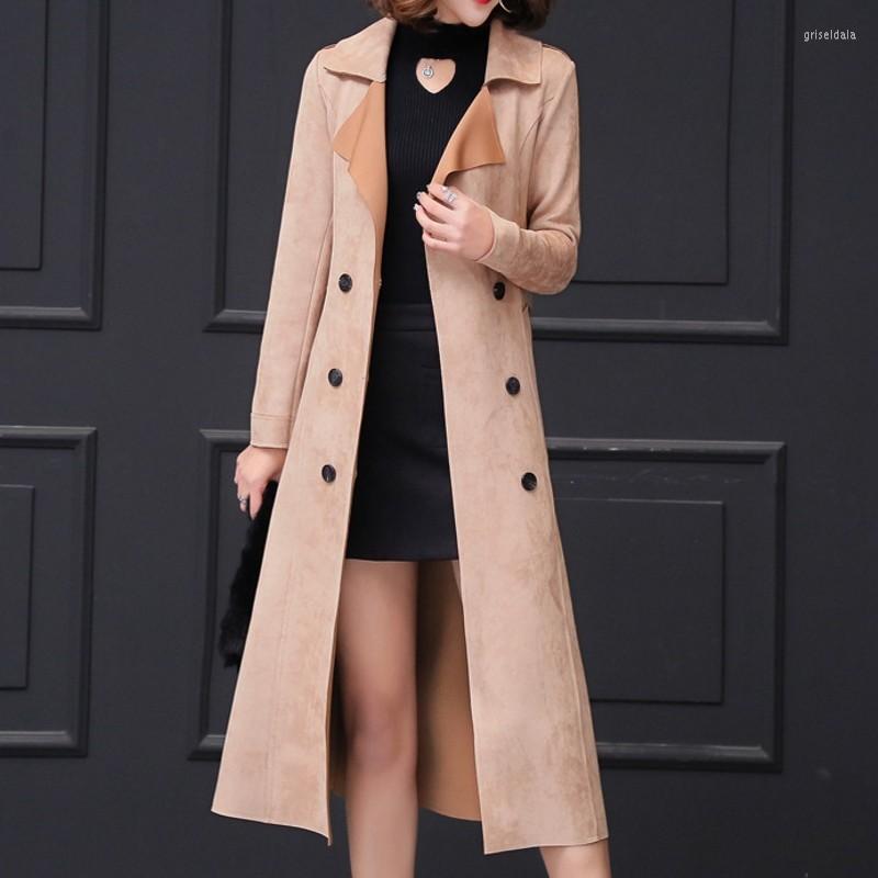 

Women' Trench Coats Double Breasted European Deerskin Long Womens Windbreaker Fashion Slim Winter Women Outerwear Design Belted Coat 3XL