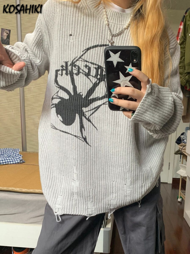 

Women's Sweaters Spider Print Harajuku Thick Sweater Women Gothic Vintage Ripped Grunge Y2k Jumper Streetwear Korean Oversize Hiphop Pullover 221206, Gray