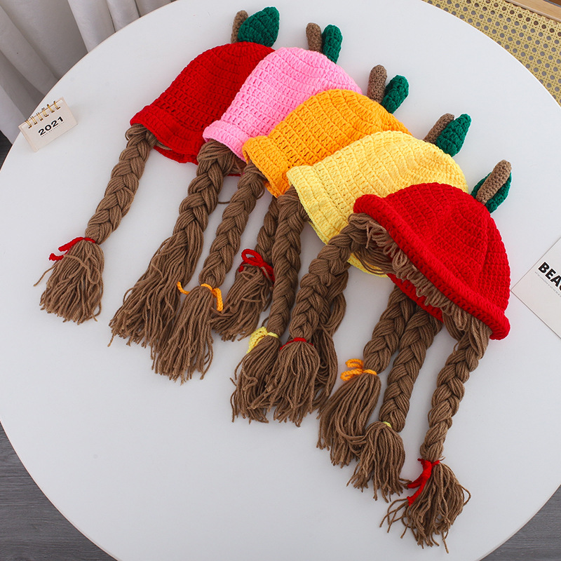 

48cm Kids Knitted Wig Hat With 2 Big Braid Girls Cute Winter Cap Apple Shape Caps Baby Hats 2633 E3, Red