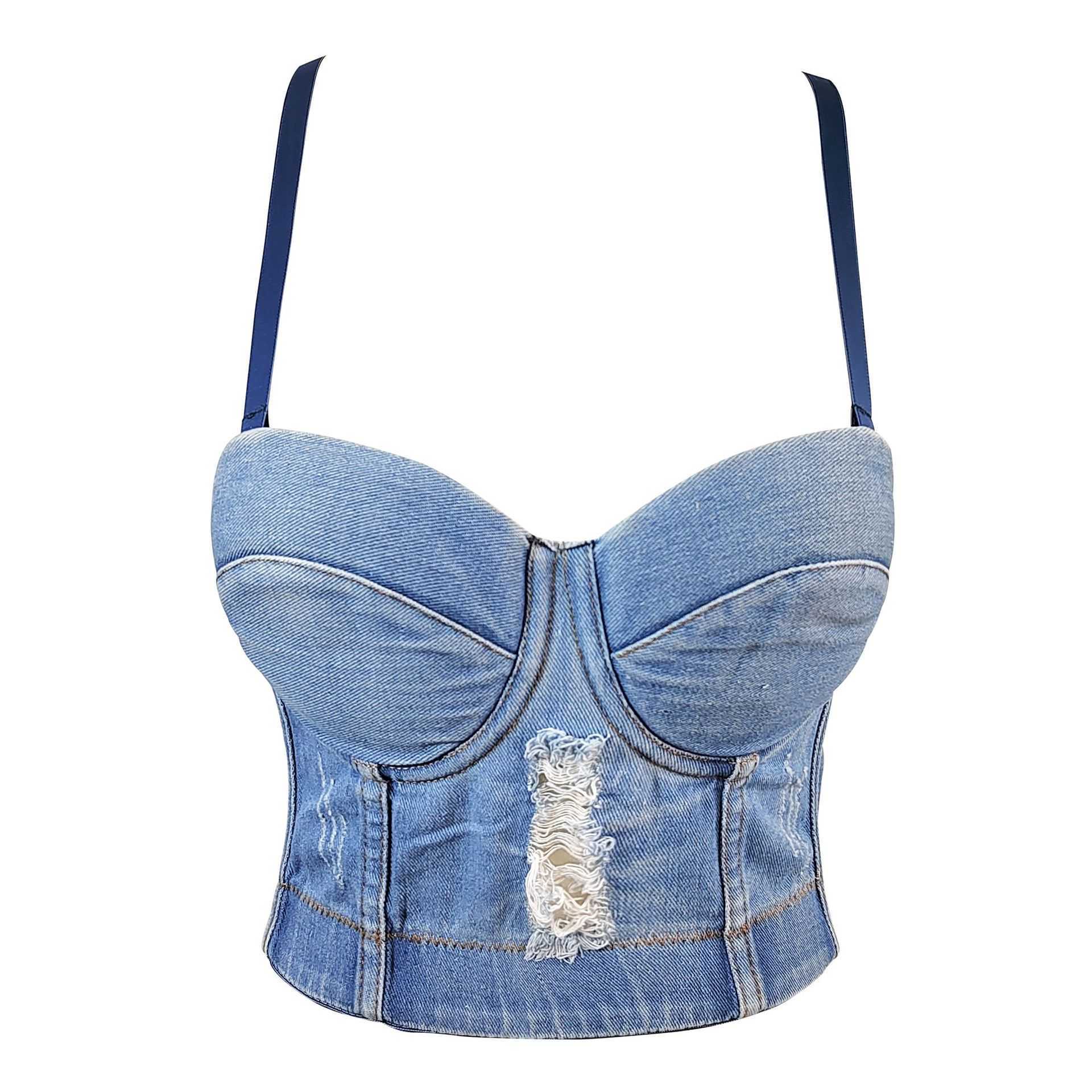 

Broken denim suspender vest wearing short sexy exposed navel fish bone bra underwear free Spicy Girl Top, Denim 1