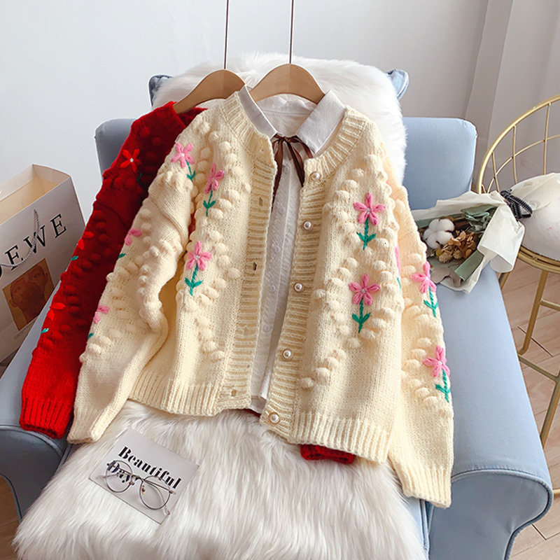 

Women  Knits Tees Embroidered Flower Sweater Cardigan Autumn and Winter Loose Lazy Vintage Knitted Jacket A300 221206, Red