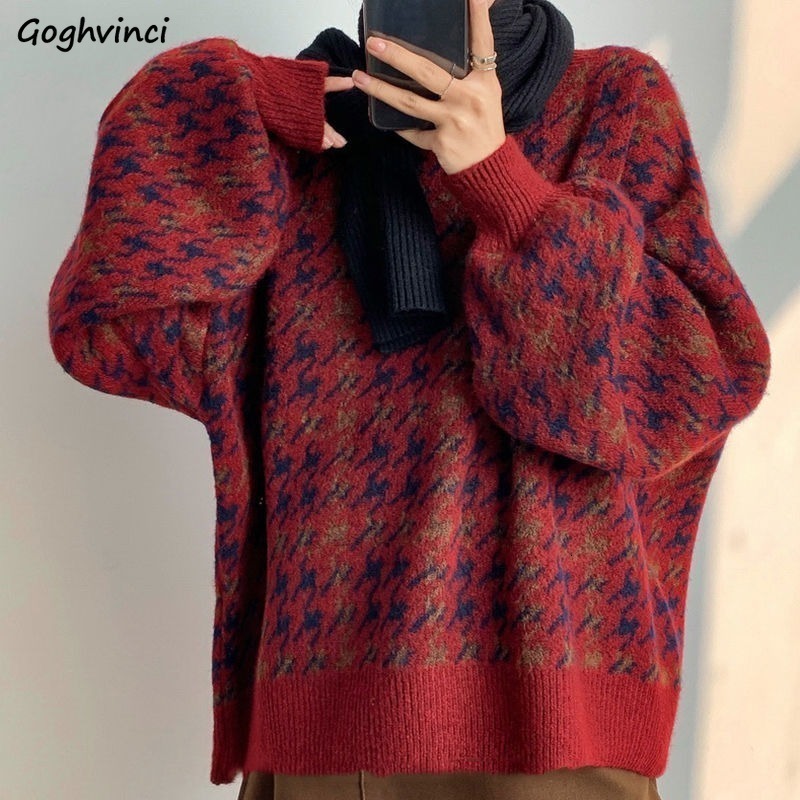 

Women' Sweater Pullover Patchwork Loose Lantern Sleeve Simple Knitted Sweater Female Elegant All match Trendy Streetwear Clothes 221207, Red