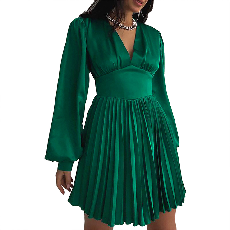 

Women Satin Casual Dresses Puff Long Sleeve Sexy V Neck Ruffle Pleated A-Line Mini Dress Wedding Guest Party Dress, Green