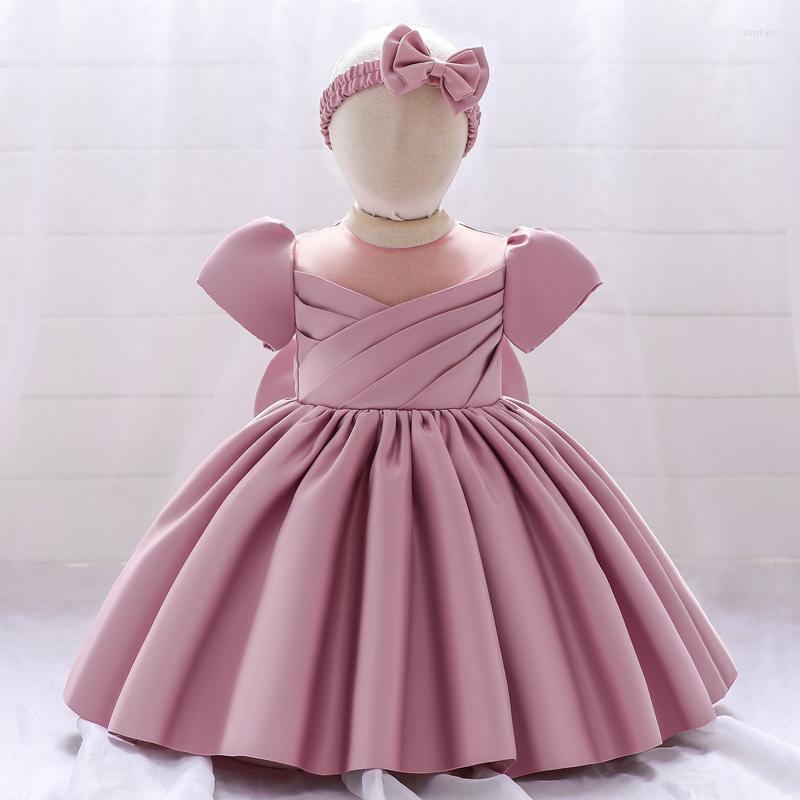 

Girl Dresses 2022 Born Christening Gown Birthday Dress For 1 Year Baby Boutique Solid Color Frock Country Baptism Party Toddlers, Bean paste pink