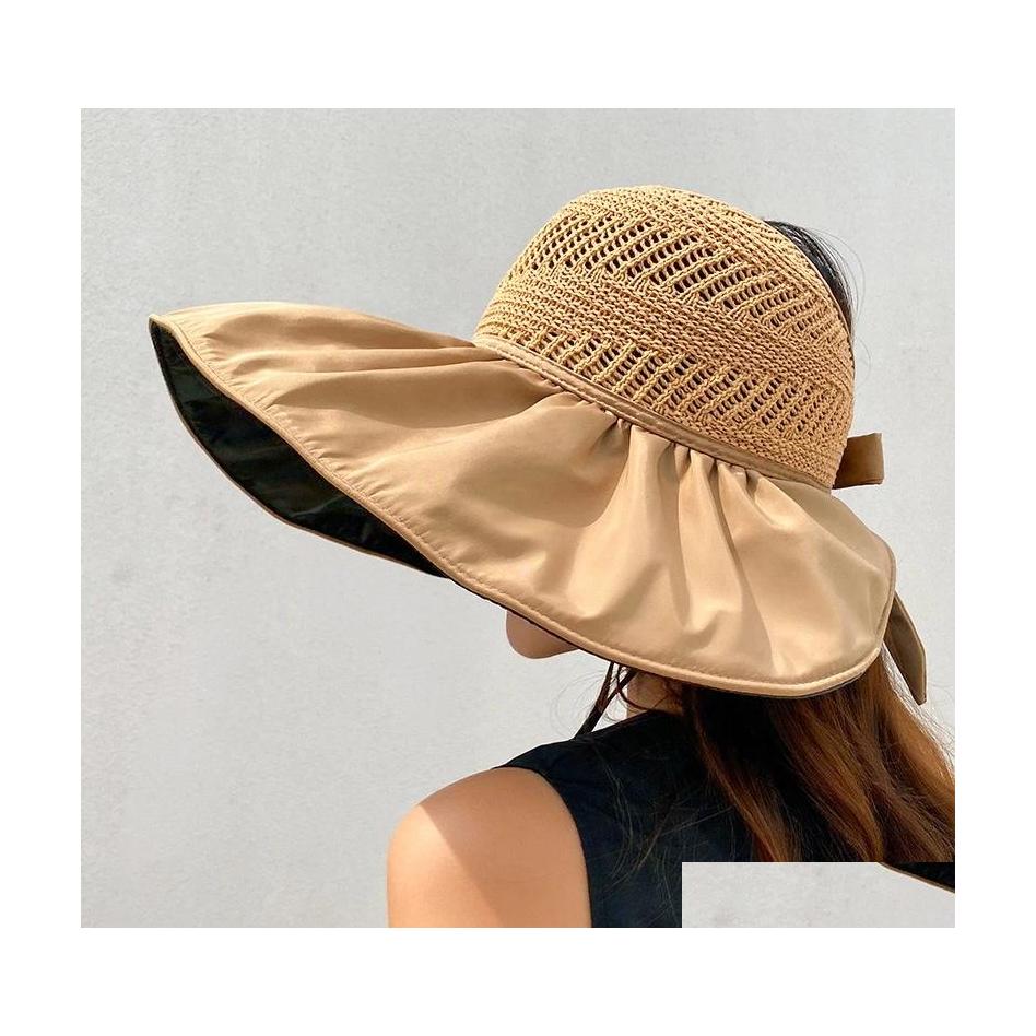 

Wide Brim Hats Bucket Hats Summer Women Bucket Hat Uv Protection Big Wide Brim Beach Sun Hats Empty Top Caps Ponytail Bows Ladies Dh0Yq