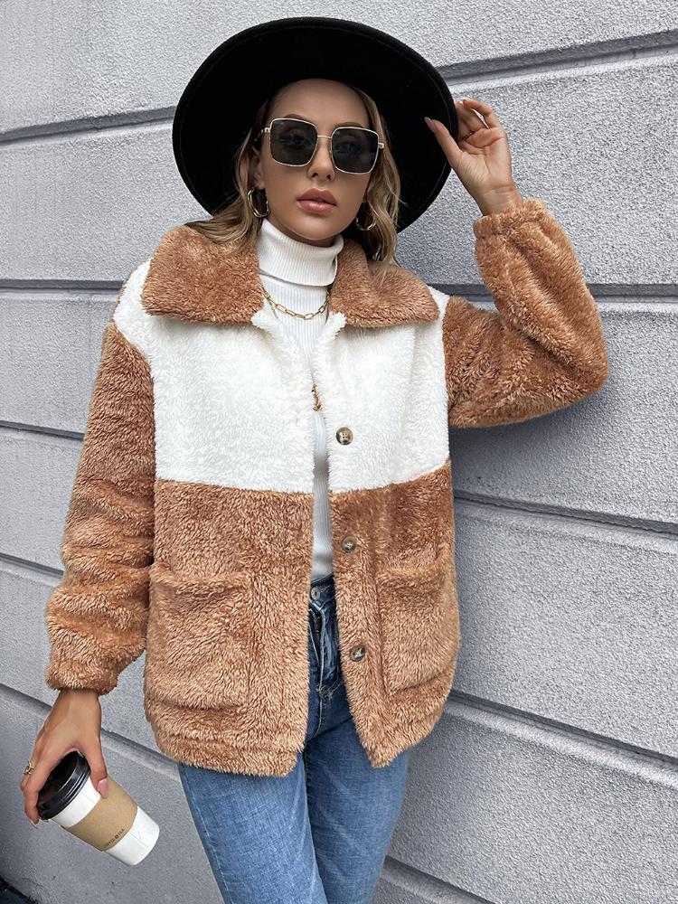 

Women' Jackets Double Sided Plush Cropped Jacket Coat Women Winter Single Breasted Thermal Top Colorblock Design Lapel, Blue