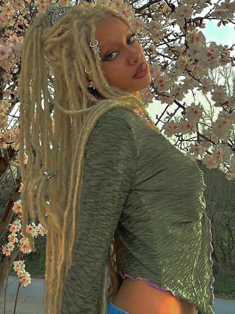 

Women' T Shirts Vintage 90s Aesthetics Green T-shirts Women Y2K Fairy Grunge V-neck Flare Sleeve Ruched Slit Crop Tops Sexy Ruffles Button