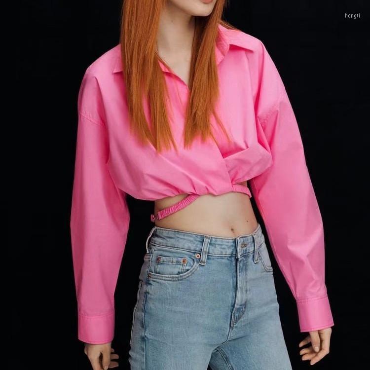 

Women's Blouses 2022 Spring And Summer Women's Cotton Long Sleeve French Pink V-neck Shirt Blouse Trim Crop Top, Fuchsia