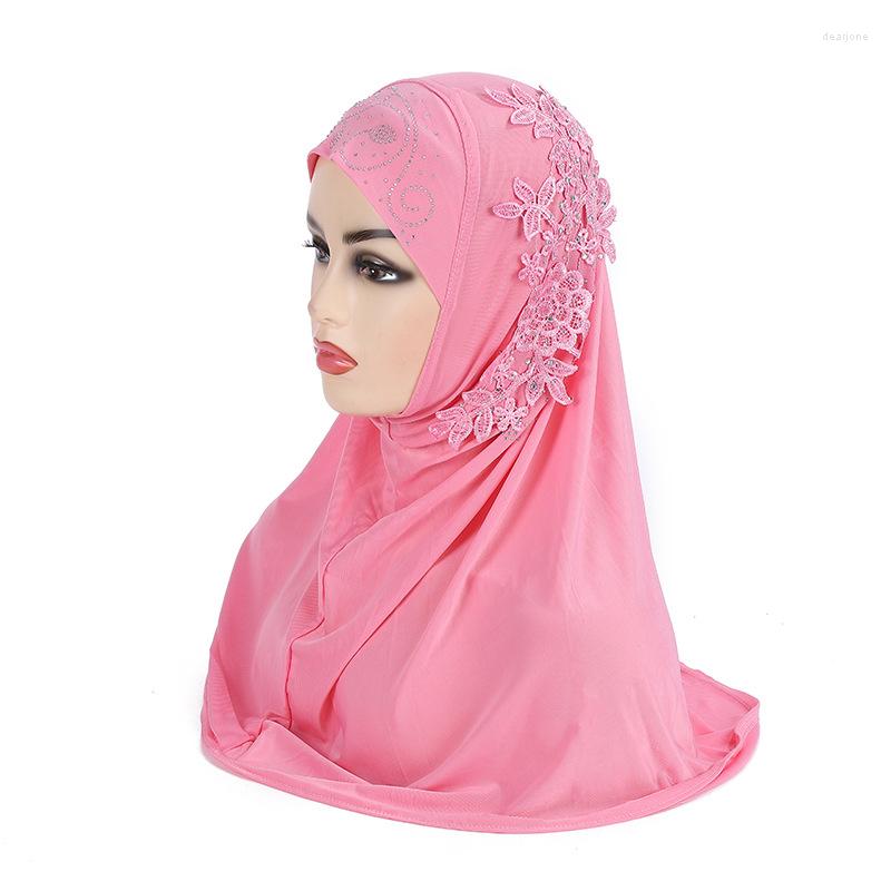 

Hats Girls Ice Silk Hijab Cap With Rhinstone Flowers Lace Patch Decoration Plain Muslim Headscarf Pull On Jersey Scarf Ethnic Scarves, Watermelon red