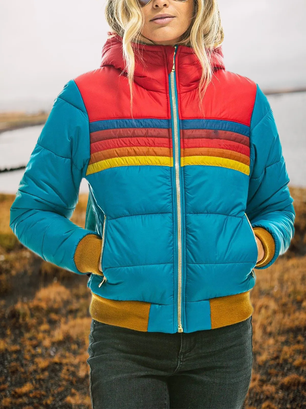

womens jackets donsignet women down coat 2022 casual rainbow fashion zipup striped plus size hat