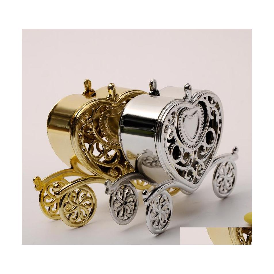 

Clip-On Screw Back Bowknot Back Heart Carriage Candy Box Sier Golden Color Gifts Boxes Creative Containers For Wedding Party Favor Dhzln