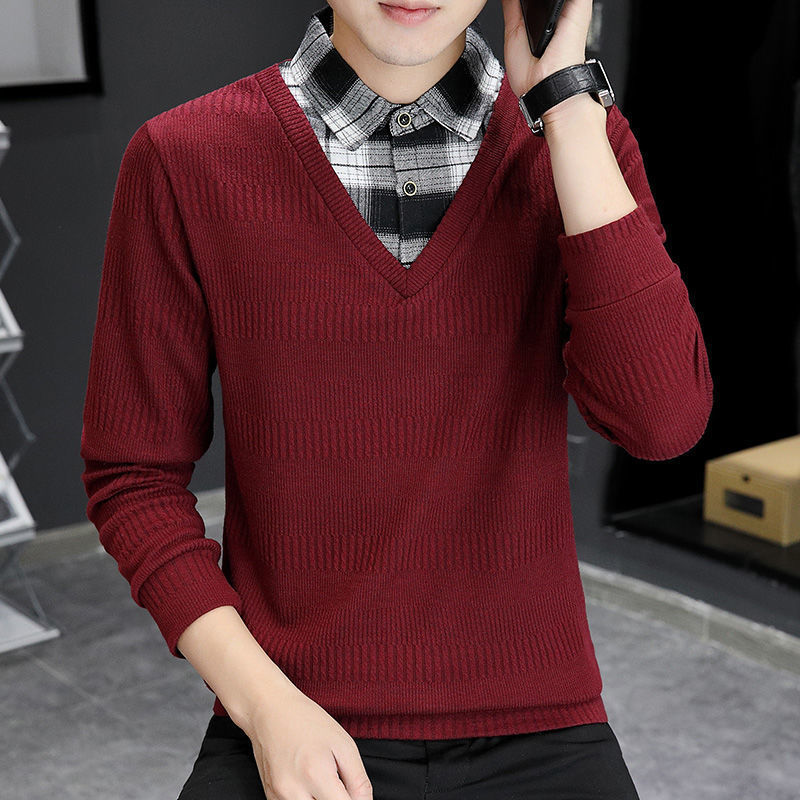 

Men's Sweaters Fashion Lapel Knitted Spliced Lattice Fake Two Pieces Sweater Clothing Autumn Casual Pullovers Loose Korean Tops 221207, Red