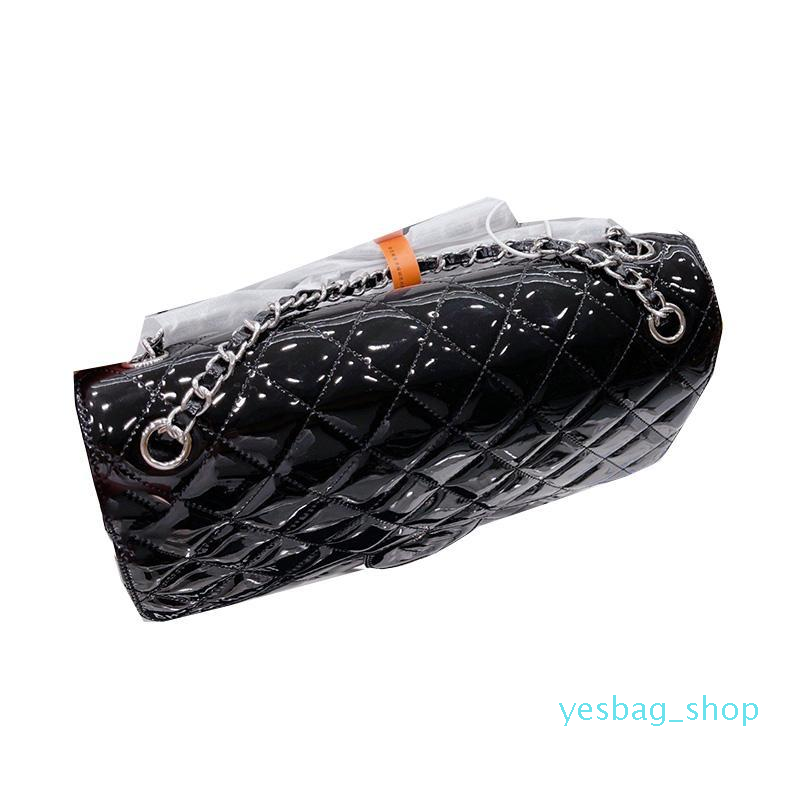 

Maxi Jumbo Quilted Patent Leather Bags Shiny Classic Double Flap Totes Rectangle Luggage Silver Metal Hardware Matelasse Chain Crossbody 256, Black