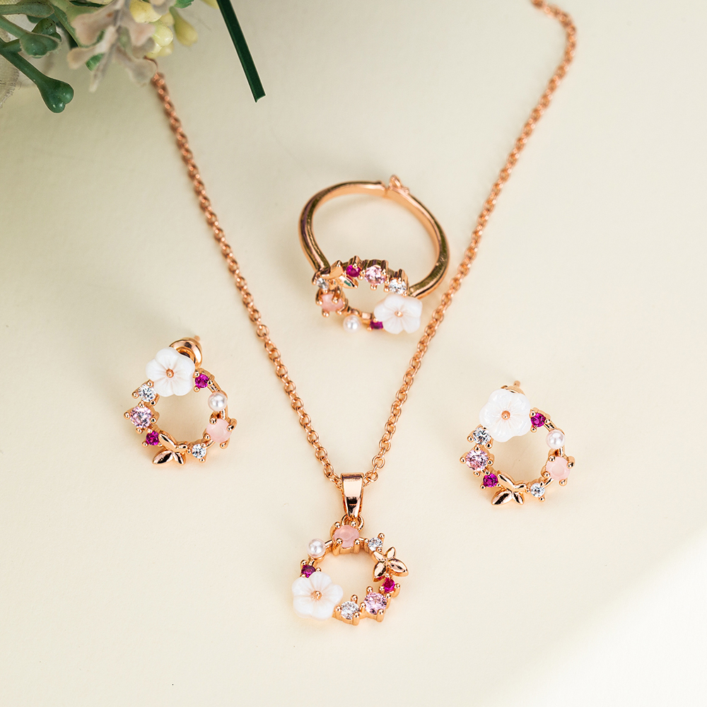 

Wedding Jewelry Sets Fashion Rose Gold Crystal Pendant Necklace Earrings Rings Set Elegant Bridal For Women Flowers Bijoux Gift 221207