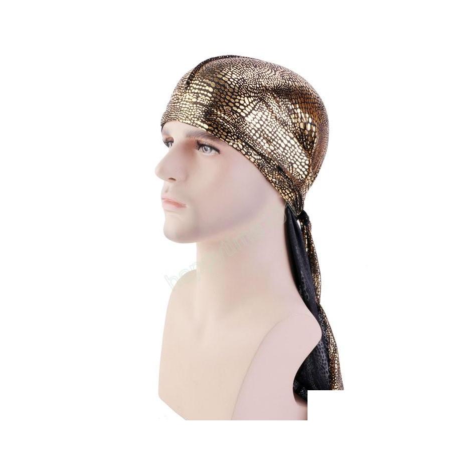 

Beanie/Skull Caps Printed Gold Mens Durag Long Hiphop Bandanna Cap Elastic Headband Pirate Hat Colorf Caps Drop Delivery Fashion Acc Dh5Fs, Randomly sended color