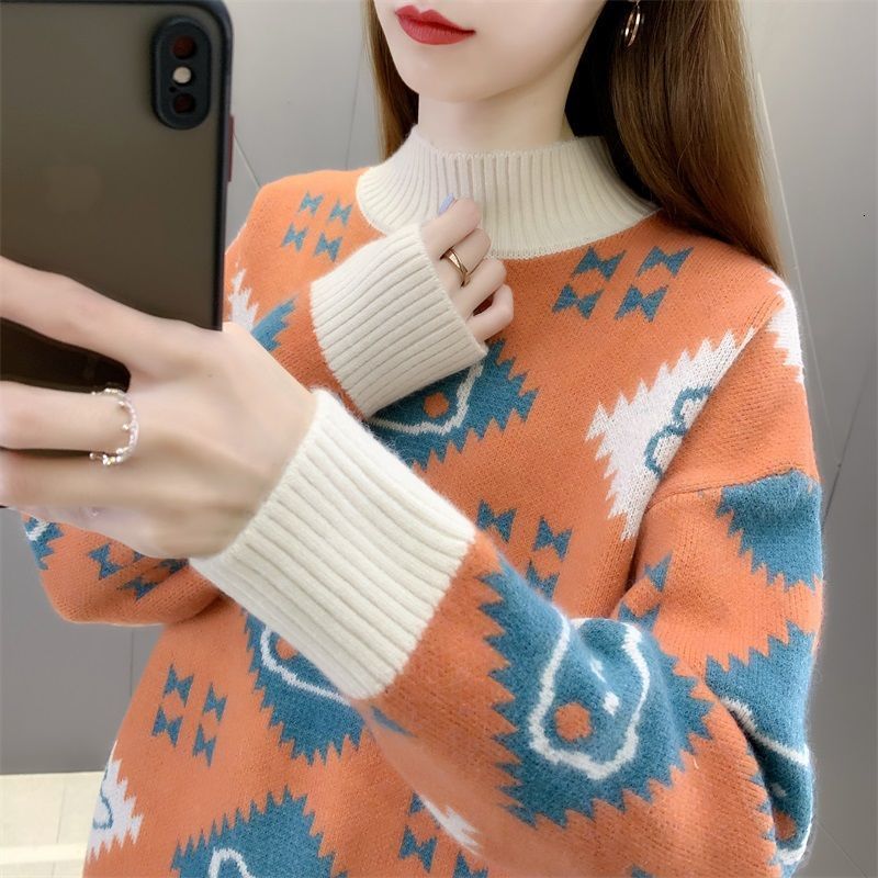 

Women s Sweaters Basic Sweater Women Mock Neck Thick Top Cartoon Print Autumn Winter Pullover Vintage Bottoming Knitted Shirts Warm Jumper 221206, Orange