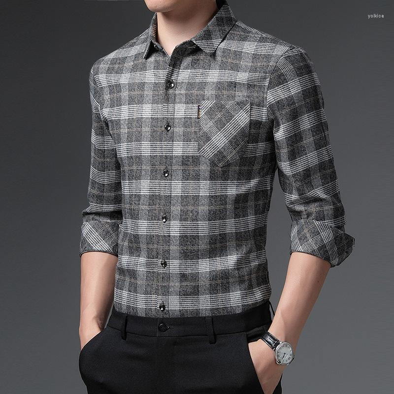 

Men's Dress Shirts High Quality Luxury Men's Long Sleeve Shirt Dad Fashion Korean Casual Plaid Pocket Men Clothing, Beige