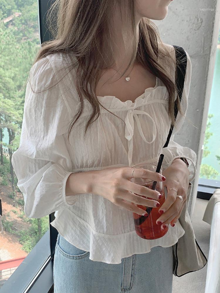 

Women' Blouses Chic Sweet Short Shirt Women Long-sleeve Puff Long Sleeves Solid Black Square Collar Top With Lace Up Blouse 2022, White