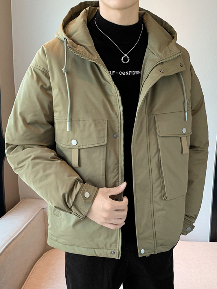 

Men s Down Parkas Winter Big Pockets Parka Warm Jacket Solid Hooded Windbreaker Zipper Coat Thick Cotton Padded Thermal 221206, Black